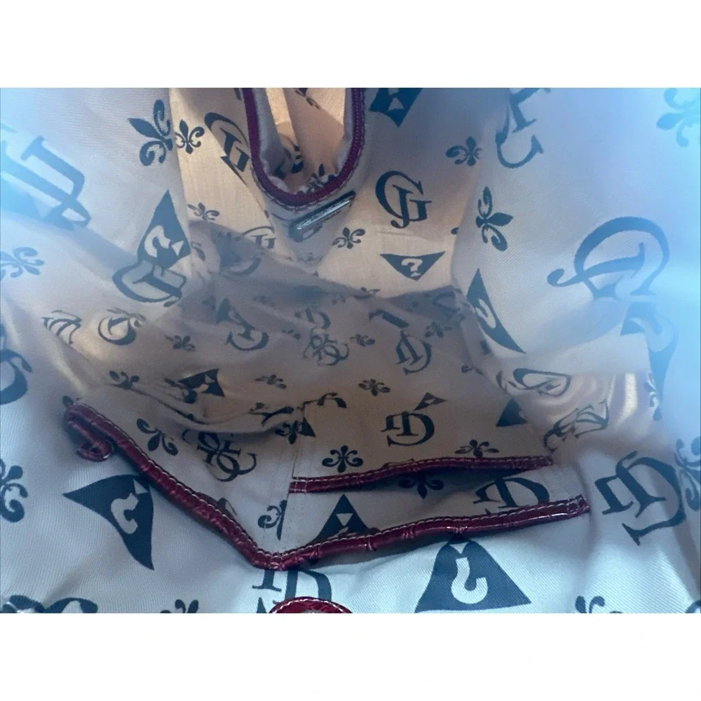 Vintage GUESS Satchel Tote Bag Red White Striped Faux Leather Croc Trim Medium